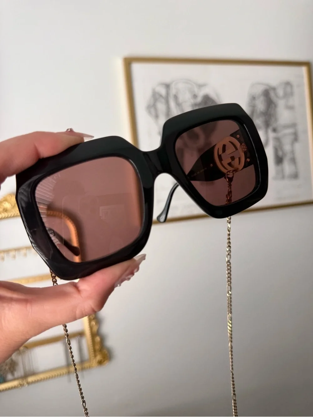 Gucci Black Square Sunglasses with Gold Chain and Brown Lenses
